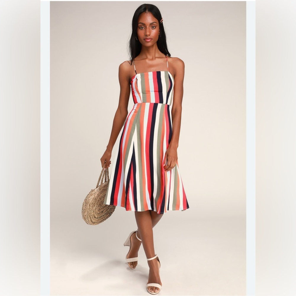 Lulus Below-the-knee striped dress with spaghetti straps and a tie back S NWOT